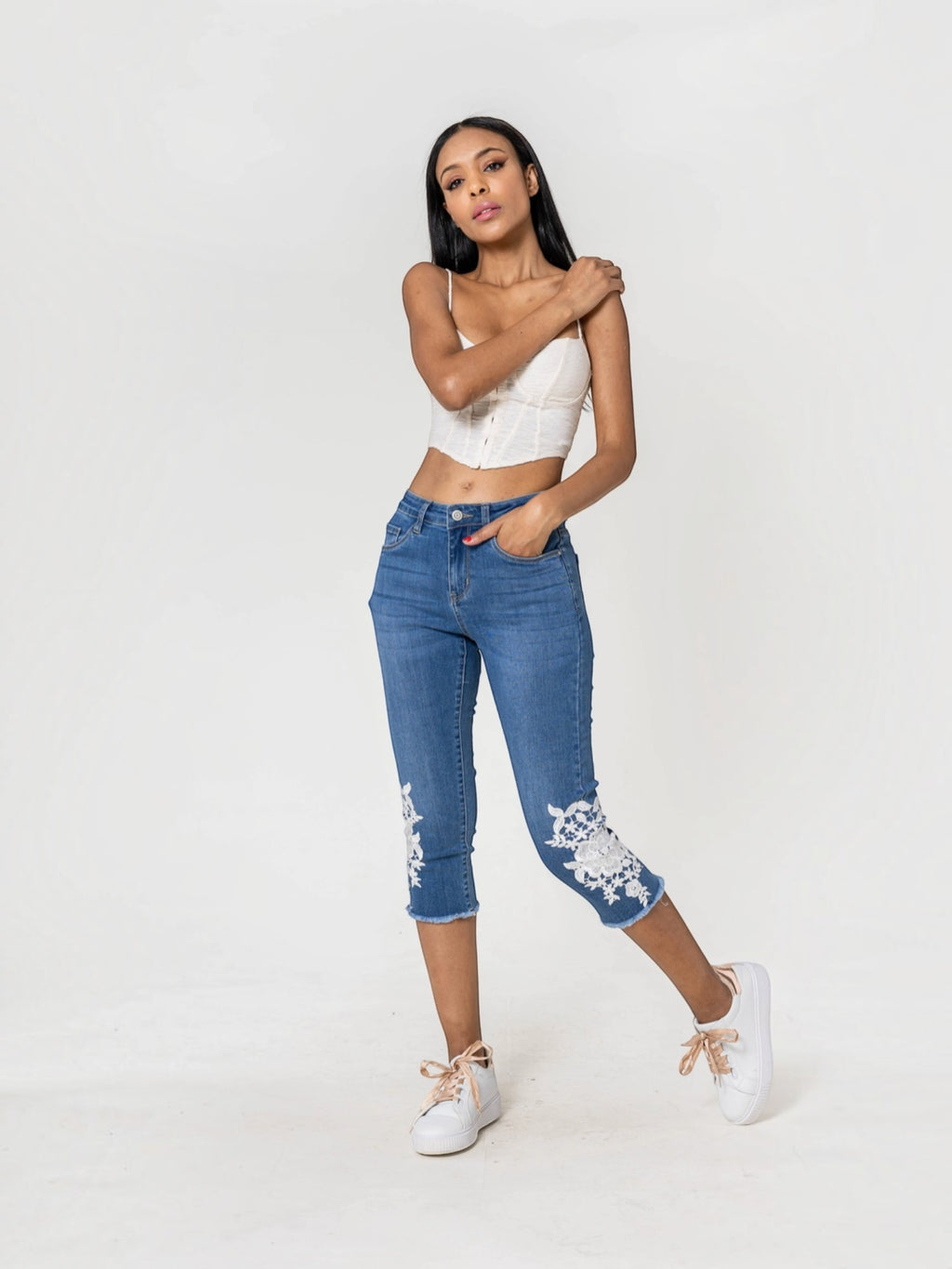 Pantacourt jean dentelle stretch taille haute NINA CARTER