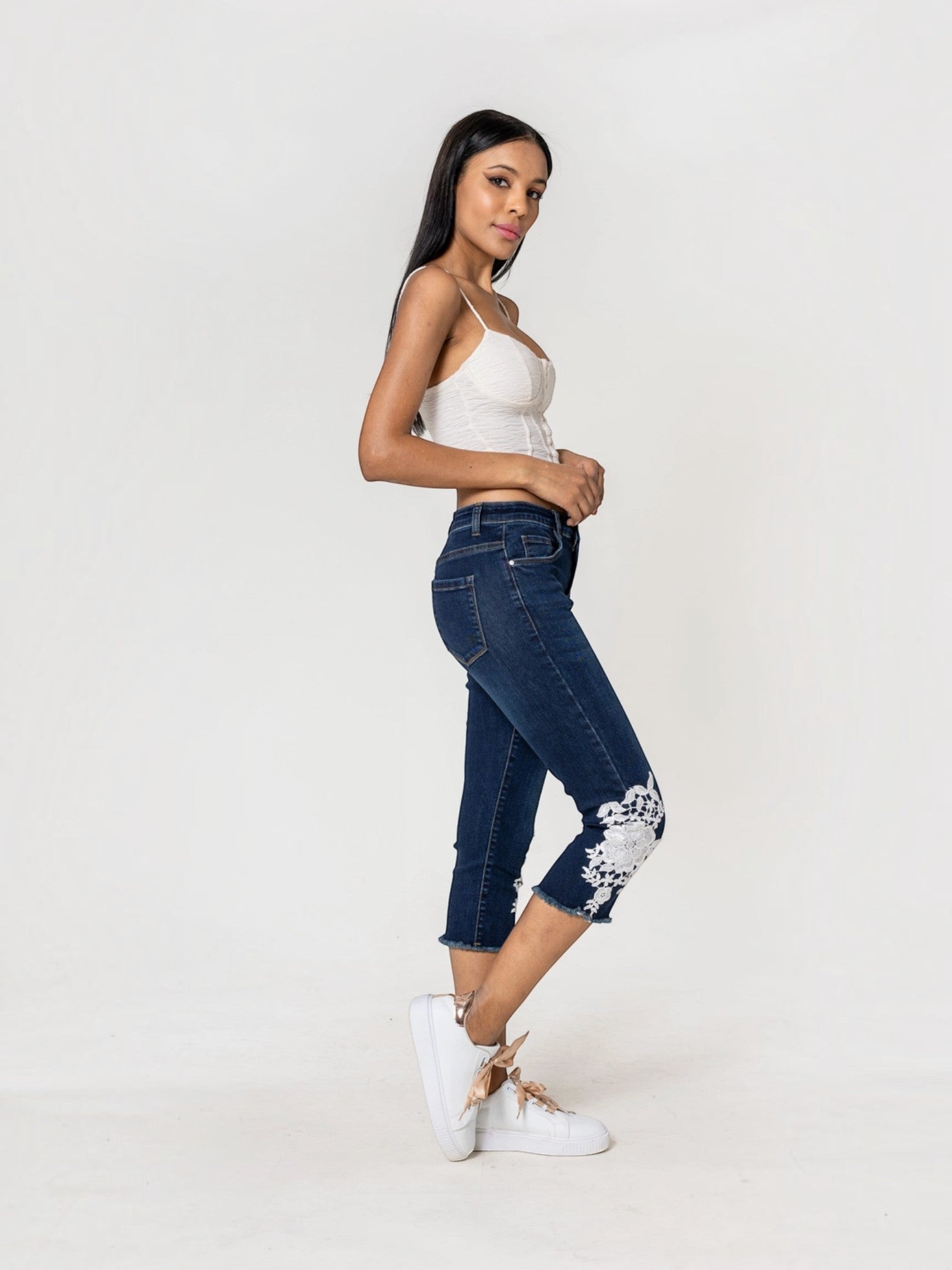 Pantacourt jean dentelle stretch taille haute NINA CARTER