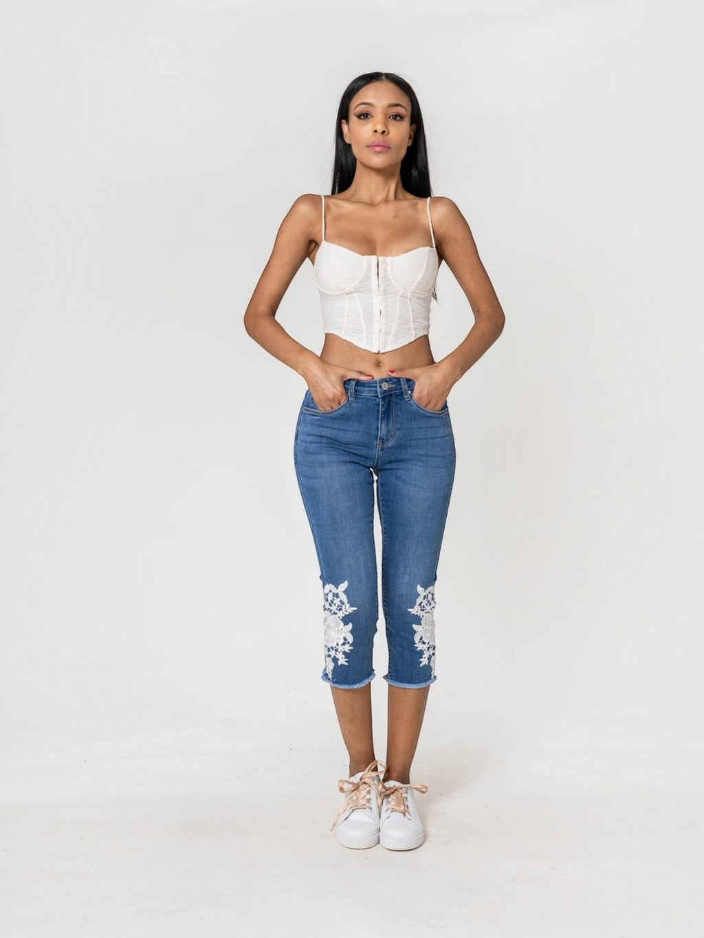 Pantacourt jean dentelle stretch taille haute NINA CARTER