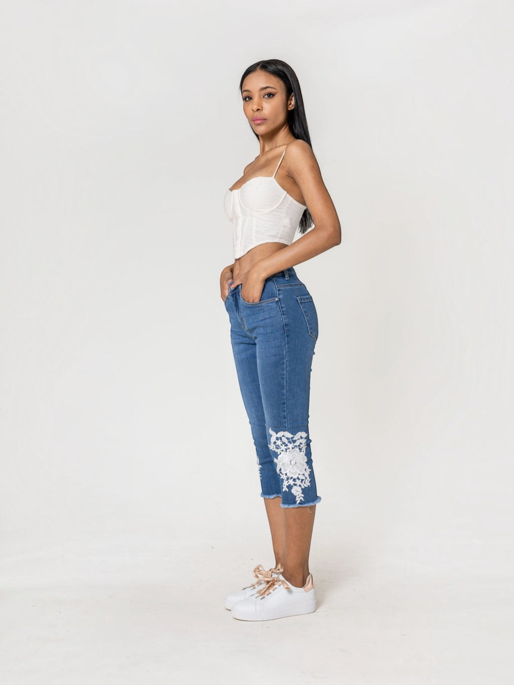 Pantacourt jean dentelle stretch taille haute NINA CARTER