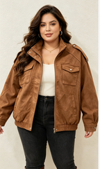 Blouson Simili-Daim Grande Taille Femme Doublé Col Montant 2W