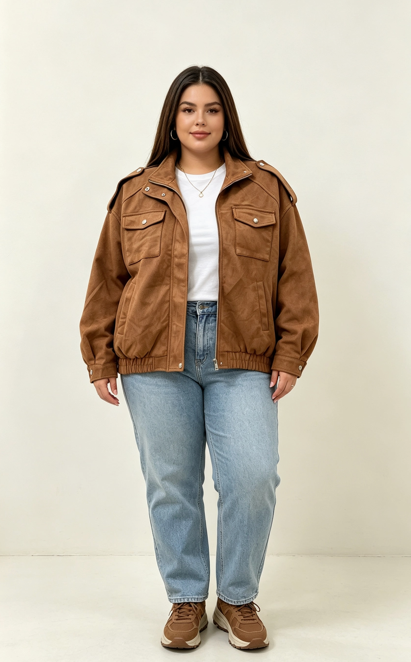 Blouson Simili-Daim Grande Taille Femme Doublé Col Montant 2W