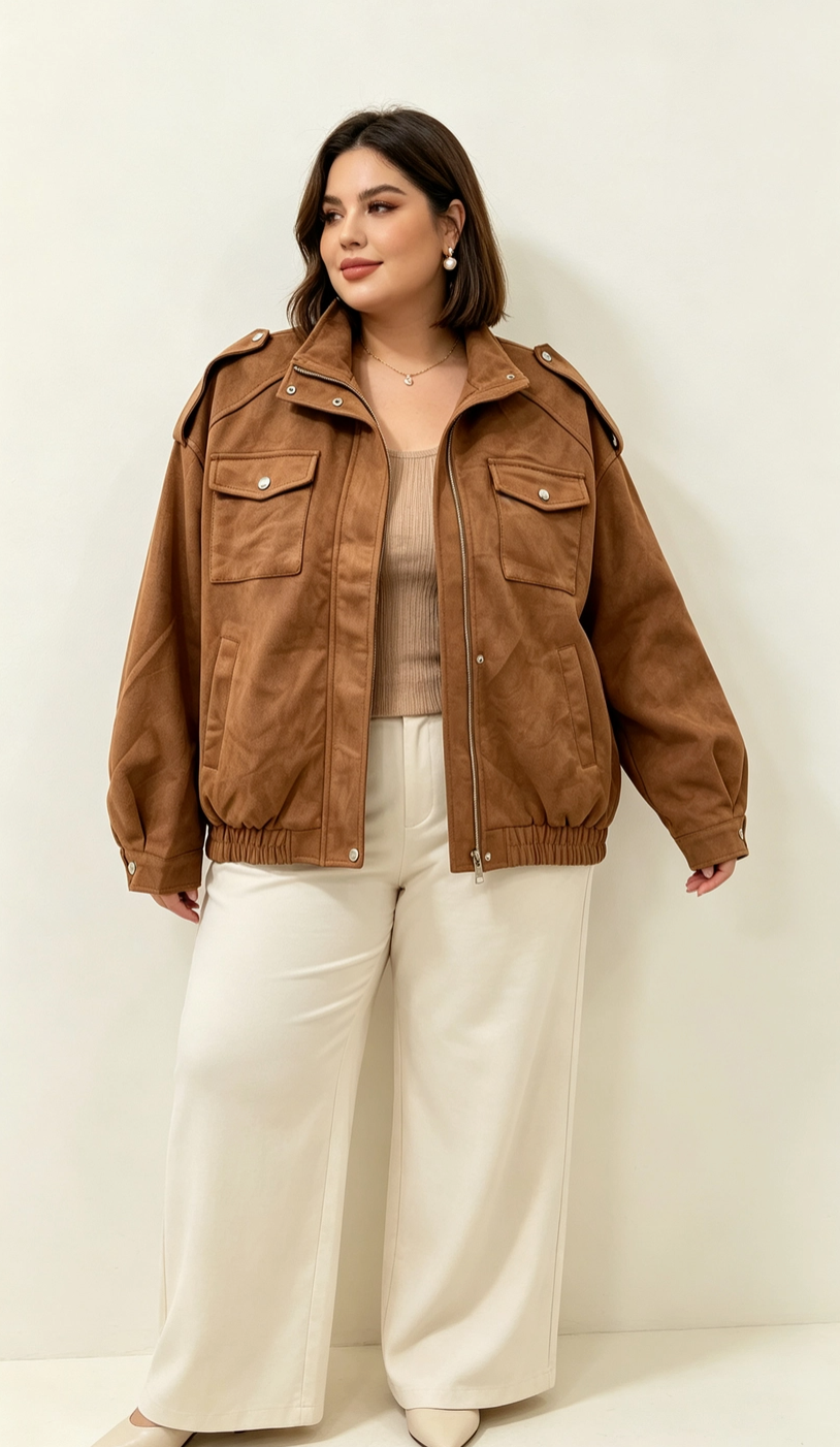 Blouson Simili-Daim Grande Taille Femme Doublé Col Montant 2W