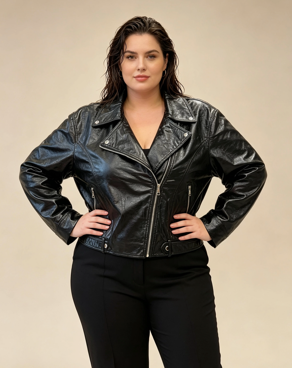 Blouson Simili-Cuir Métallisé Grande Taille Femme Style Chic 2W