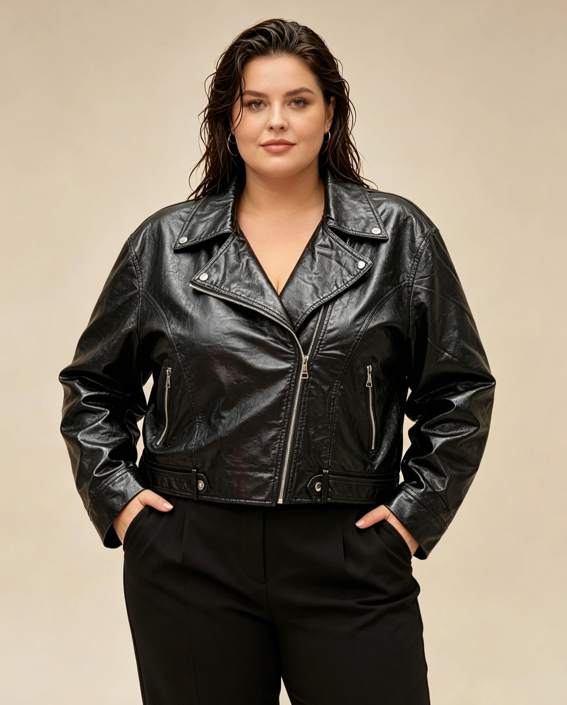 Blouson Simili-Cuir Métallisé Grande Taille Femme Style Chic 2W