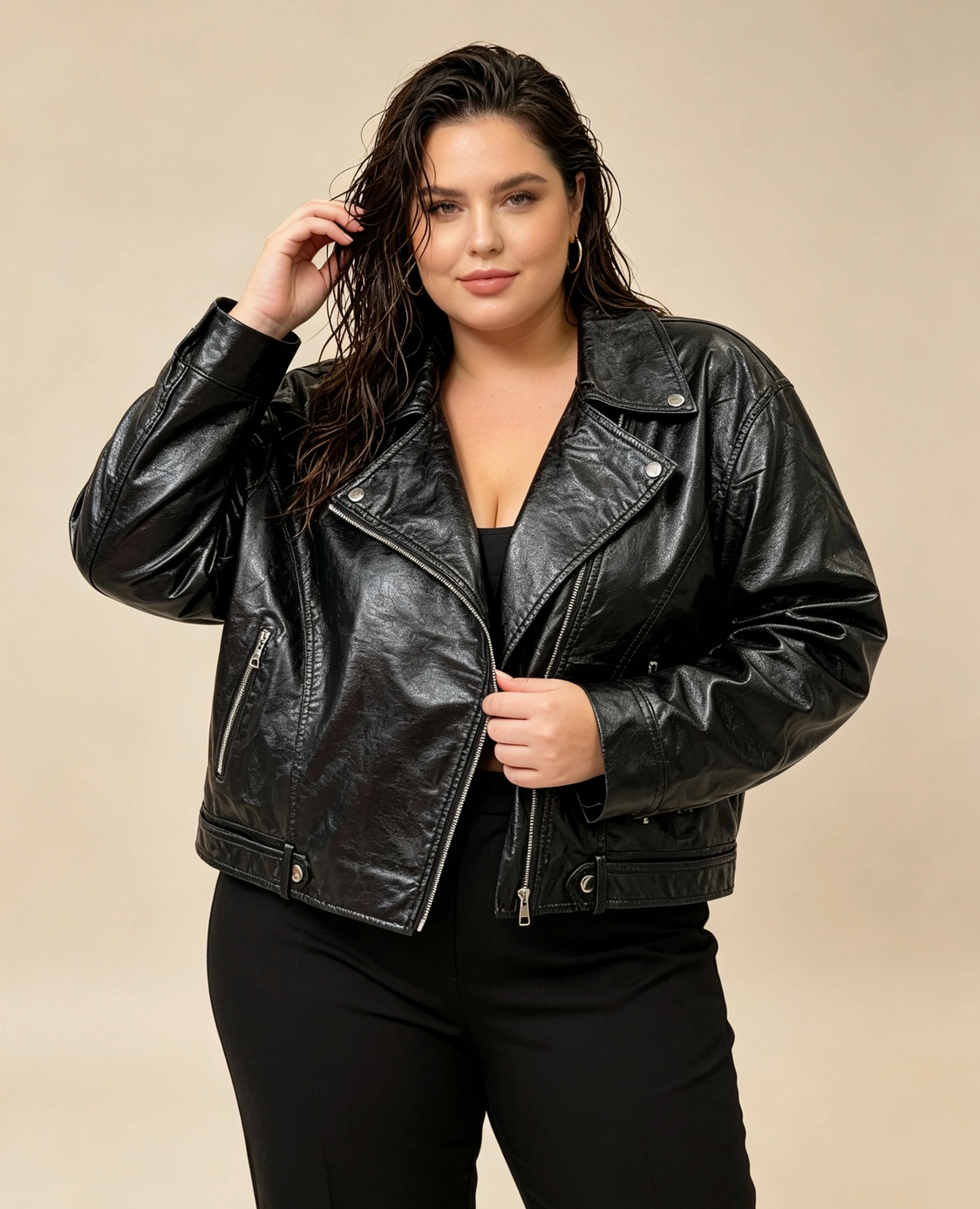 Blouson Simili-Cuir Métallisé Grande Taille Femme Style Chic 2W
