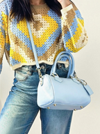 BROCK LOUISA LEE light blue grained leather bowling bag with gold hardware and detachable shoulder strap