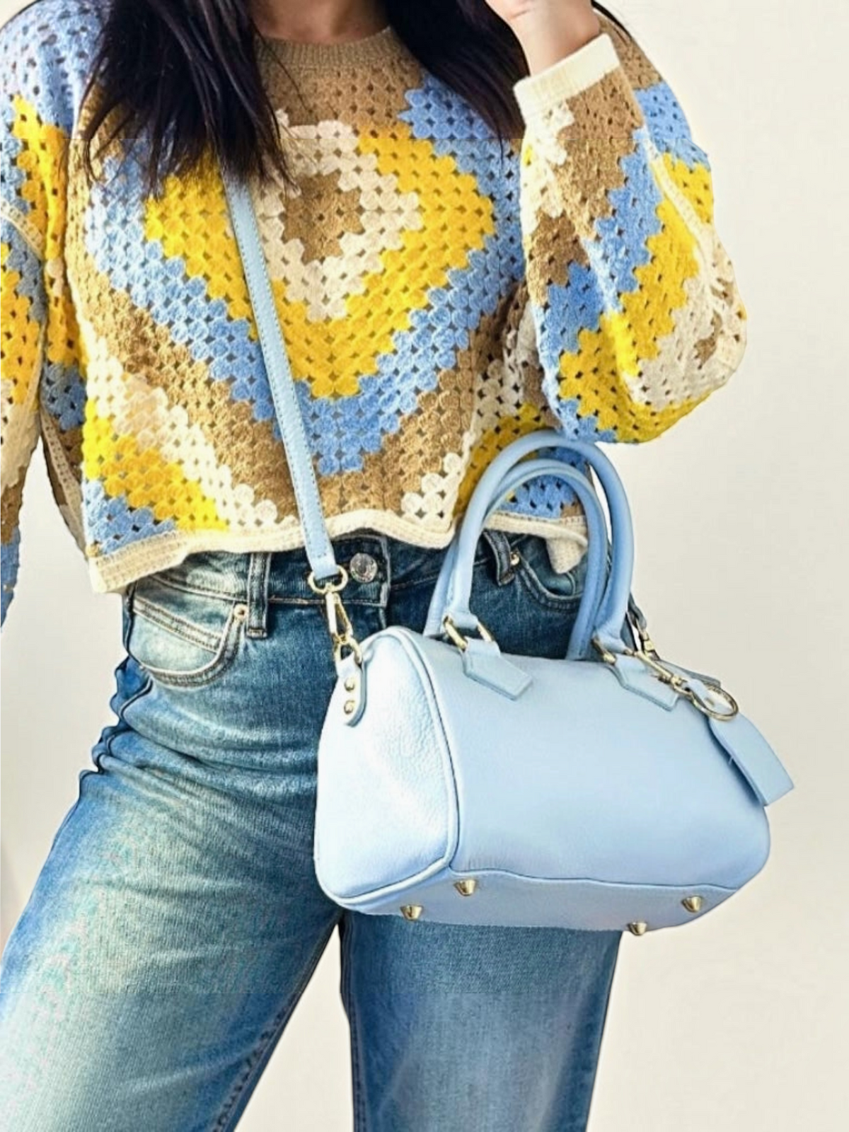 BROCK LOUISA LEE light blue grained leather bowling bag with gold hardware and detachable shoulder strap