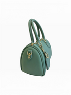 BROCK LOUISA LEE sage green grained leather bowling bag with gold hardware and top handles, side view