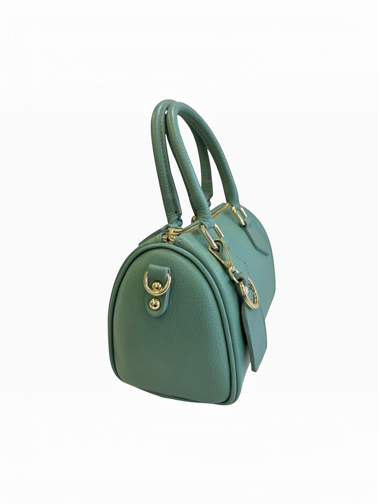 BROCK LOUISA LEE sage green grained leather bowling bag with gold hardware and top handles, side view