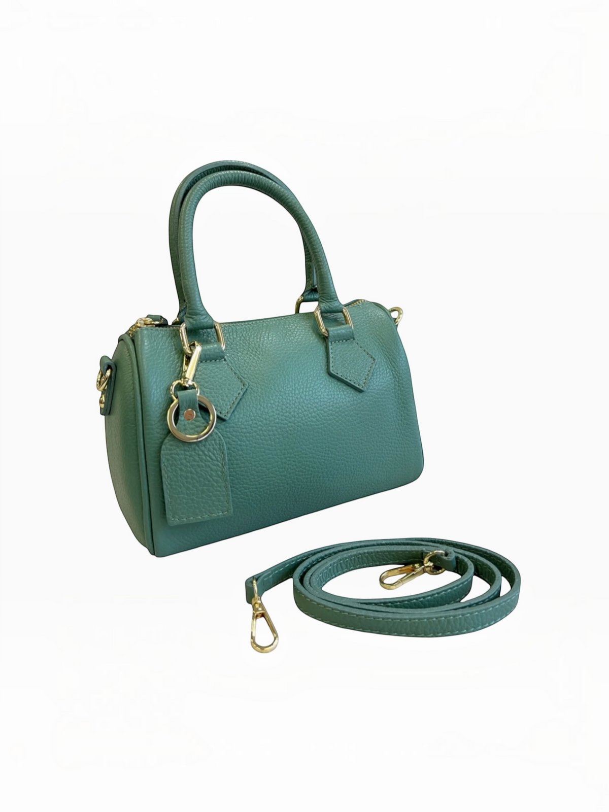 BROCK LOUISA LEE green grained leather bowling bag with gold hardware, top handles, and detachable shoulder strap.