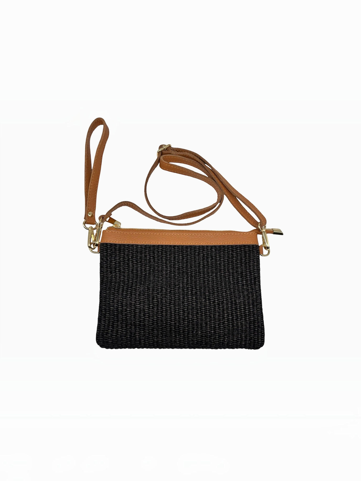 BROCK LOUISA LEE black raffia pouch with tan cowhide leather trim and detachable shoulder strap