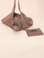 BROCK INES DELAURE taupe suede leather hobo bag with matching mini pouch and gold chain detail