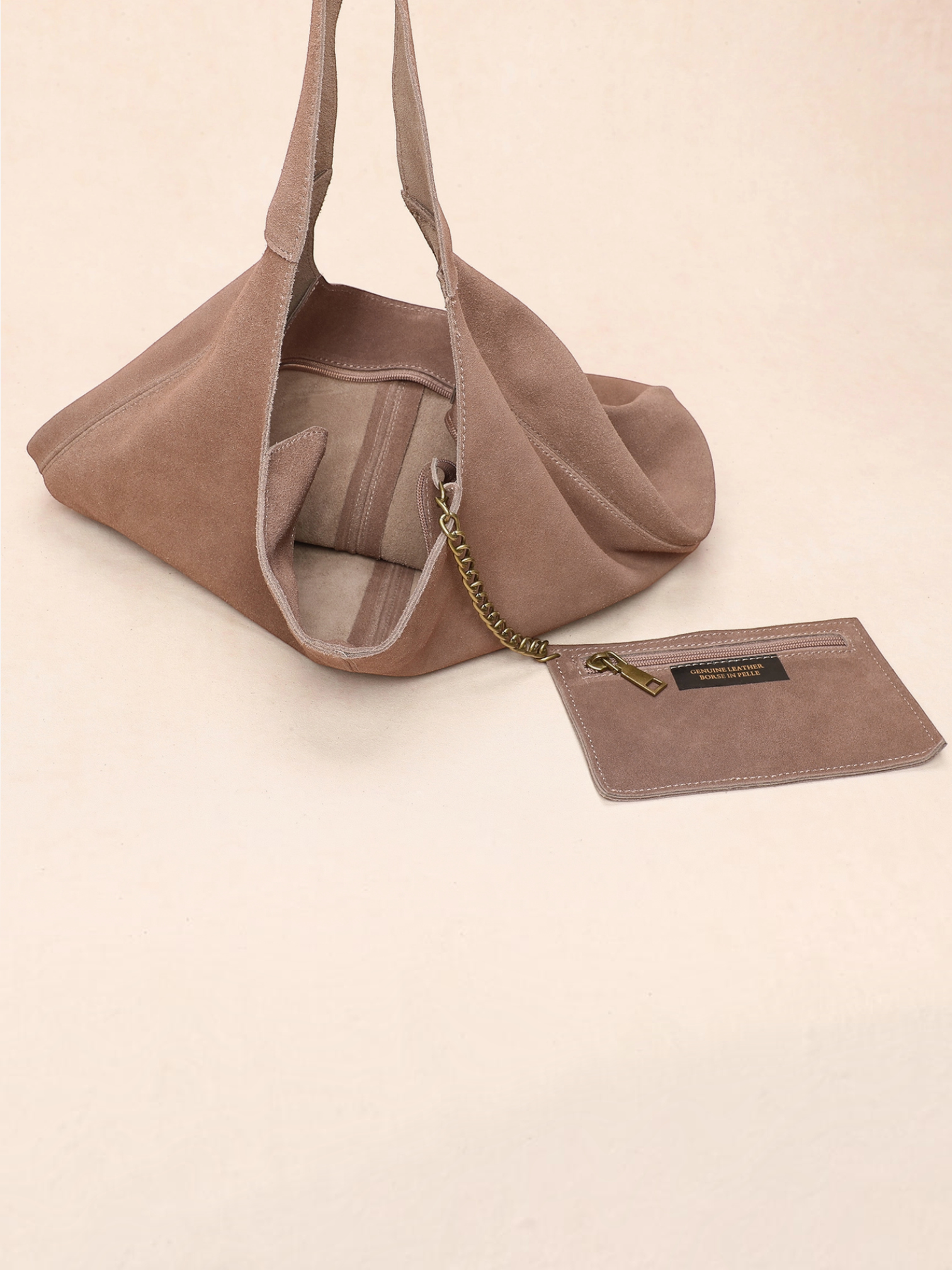BROCK INES DELAURE taupe suede leather hobo bag with matching mini pouch and gold chain detail