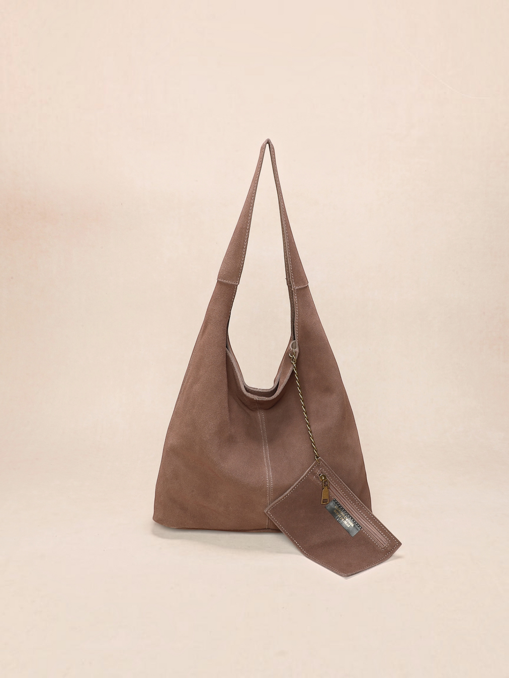 BROCK INES DELAURE brown suede leather hobo bag with shoulder strap and matching mini pouch, made in Italy.