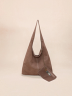 BROCK INES DELAURE brown suede leather hobo bag with shoulder strap and matching mini pouch, made in Italy.