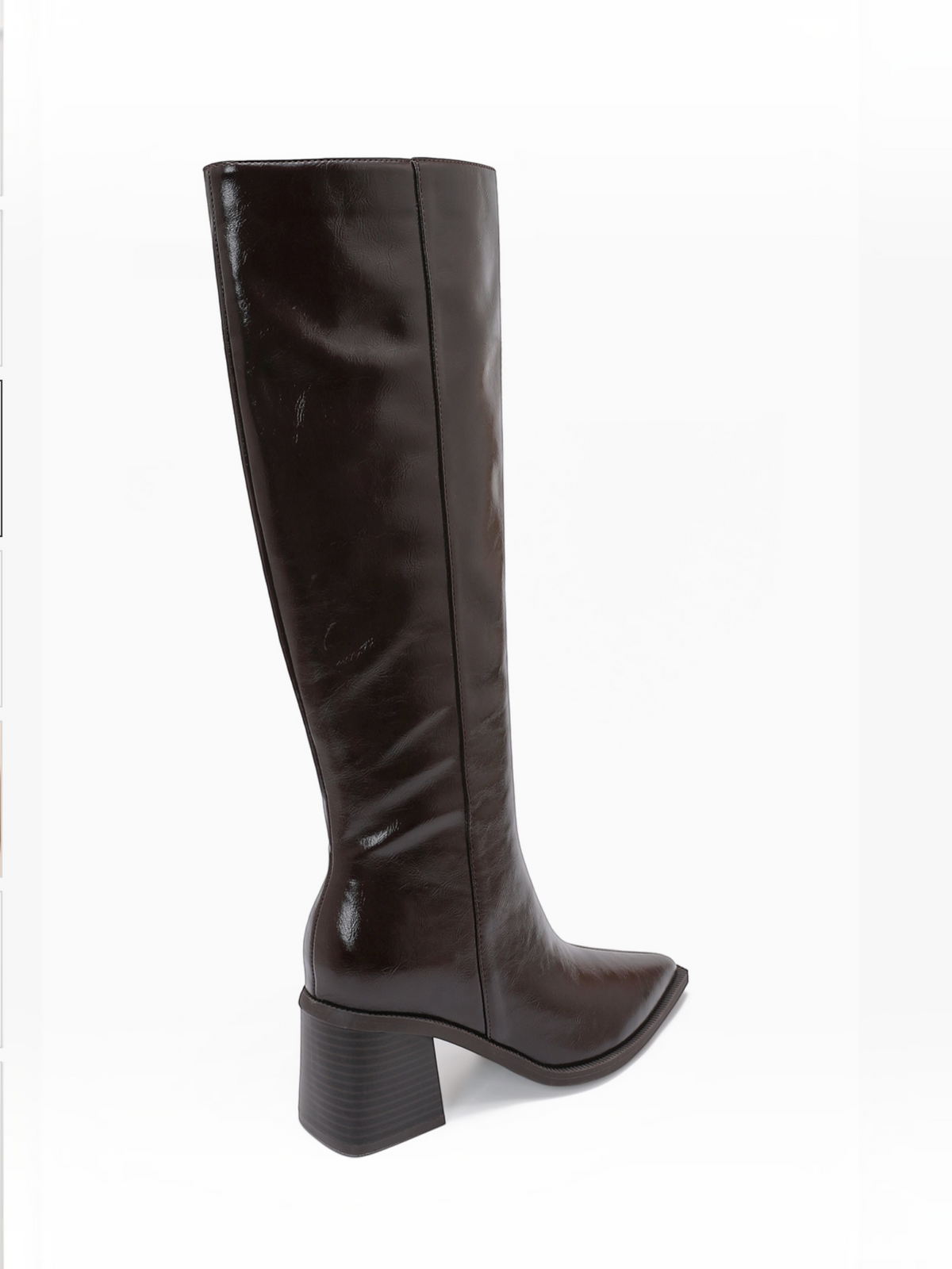 BROCK JOIA brown high-heeled knee-high boots with a pointed toe and stable block heel, side view.