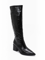 BROCK JOIA black knee-high boots with a pointed toe, block heel, and side zipper closure