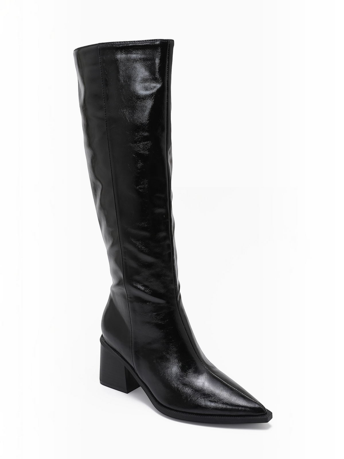 BROCK JOIA black knee-high boots with a pointed toe, block heel, and side zipper closure