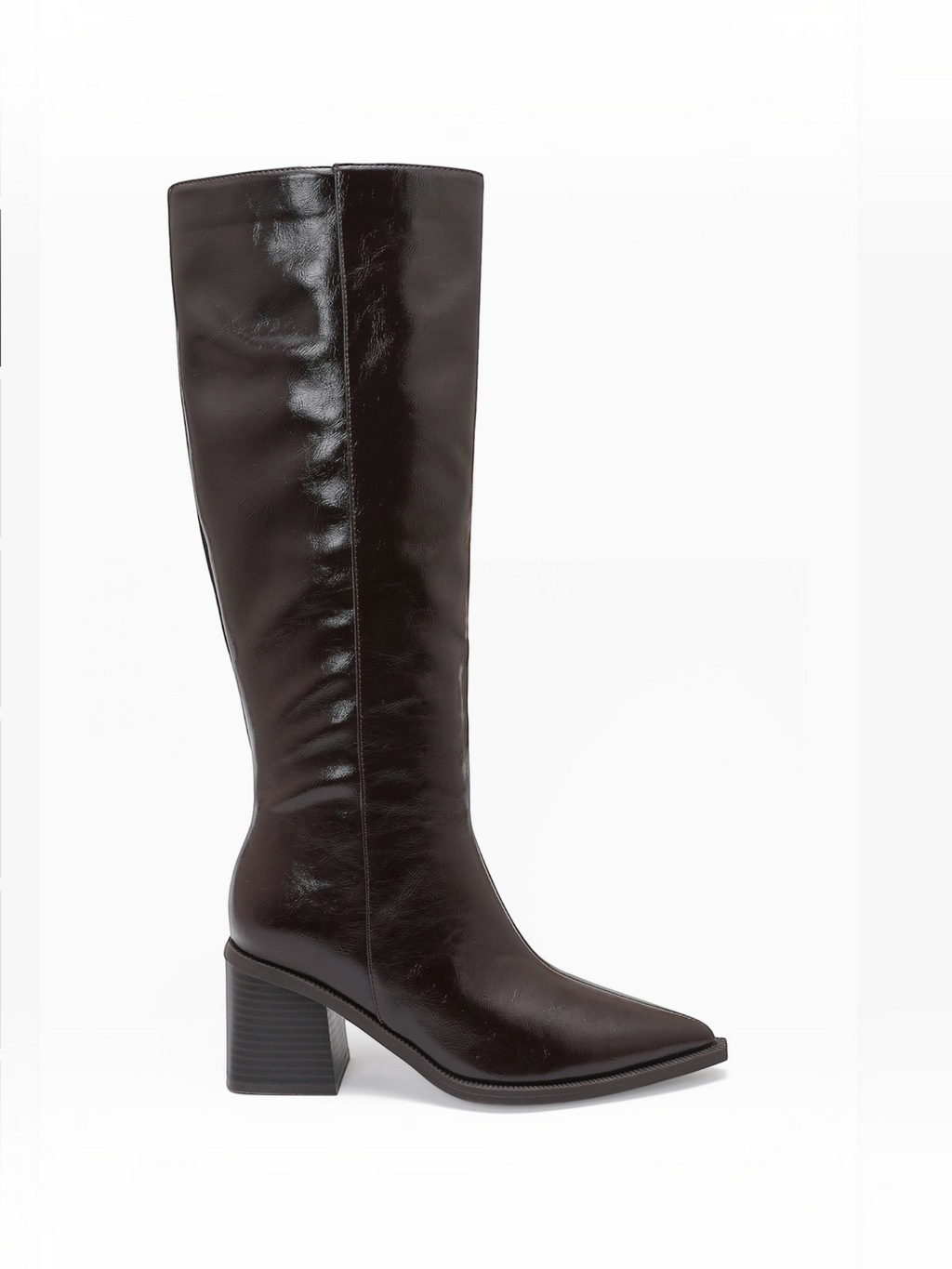 BROCK JOIA brown high-heeled knee-high boots with a pointed toe and side zipper closure.