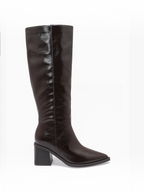 BROCK JOIA brown high-heeled knee-high boots with a pointed toe and side zipper closure.