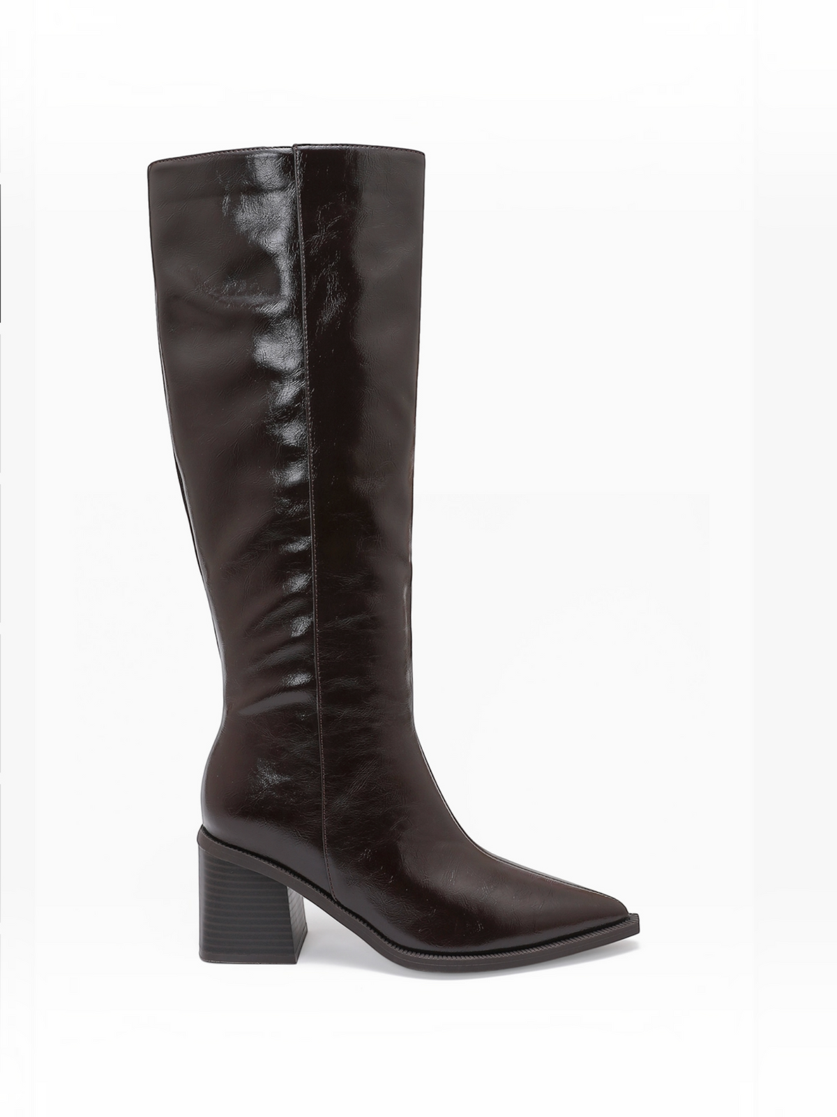 BROCK JOIA brown high-heeled knee-high boots with a pointed toe and side zipper closure.