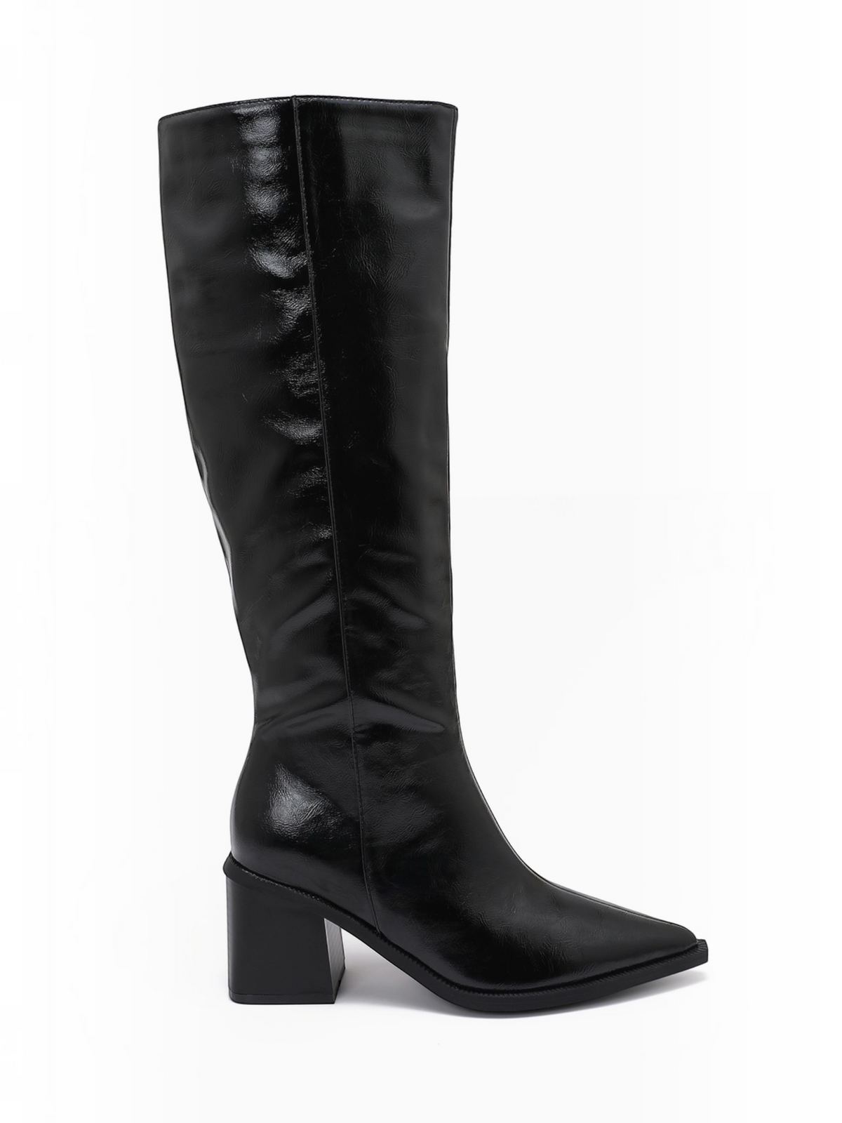 BROCK JOIA black knee-high boots with a pointed toe and a stable block heel, side view.