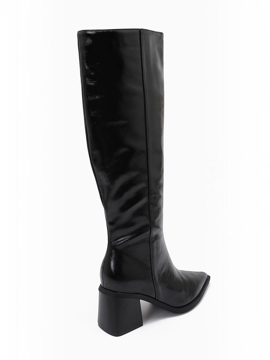 BROCK JOIA black high-heeled knee-high boots with a pointed toe and stable block heel, side view.