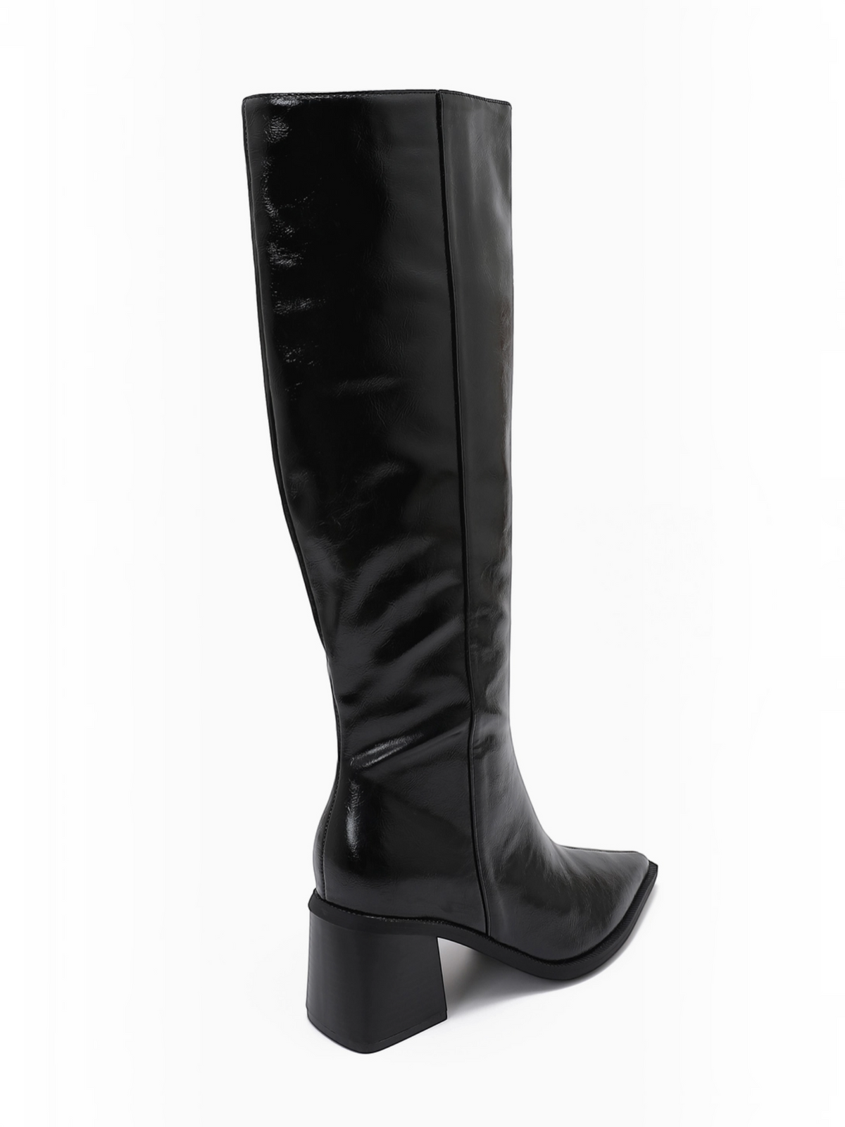BROCK JOIA black high-heeled knee-high boots with a pointed toe and stable block heel, side view.