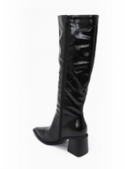 BROCK JOIA black high-heeled knee-high boots with a pointed toe and side zipper closure