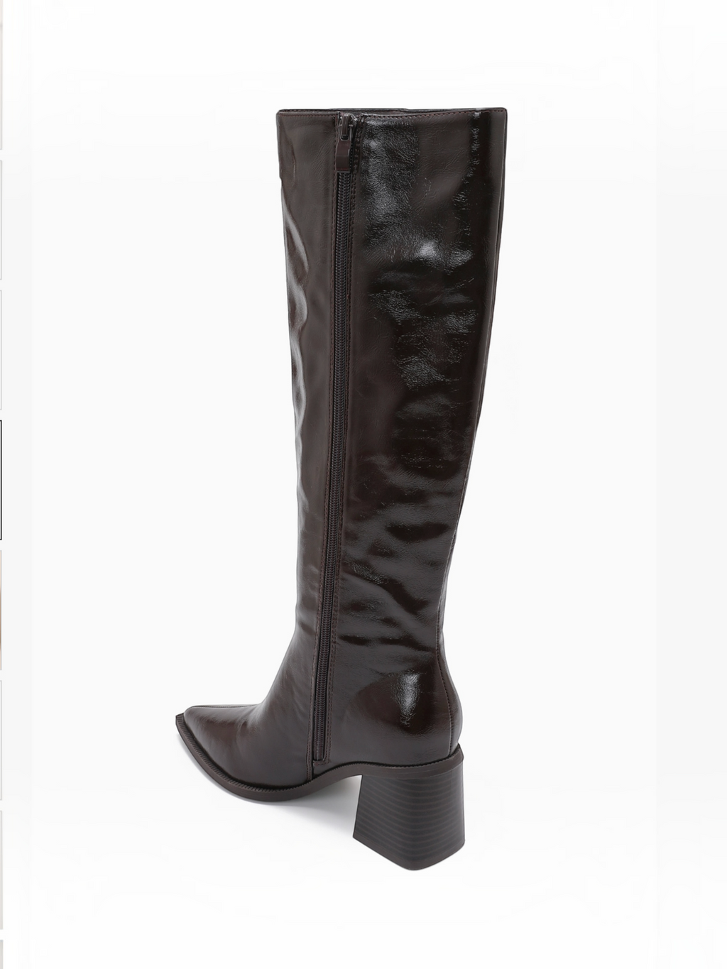 BROCK JOIA brown high-heeled knee-high boots with a pointed toe, side zipper, and block heel in a glossy finish.