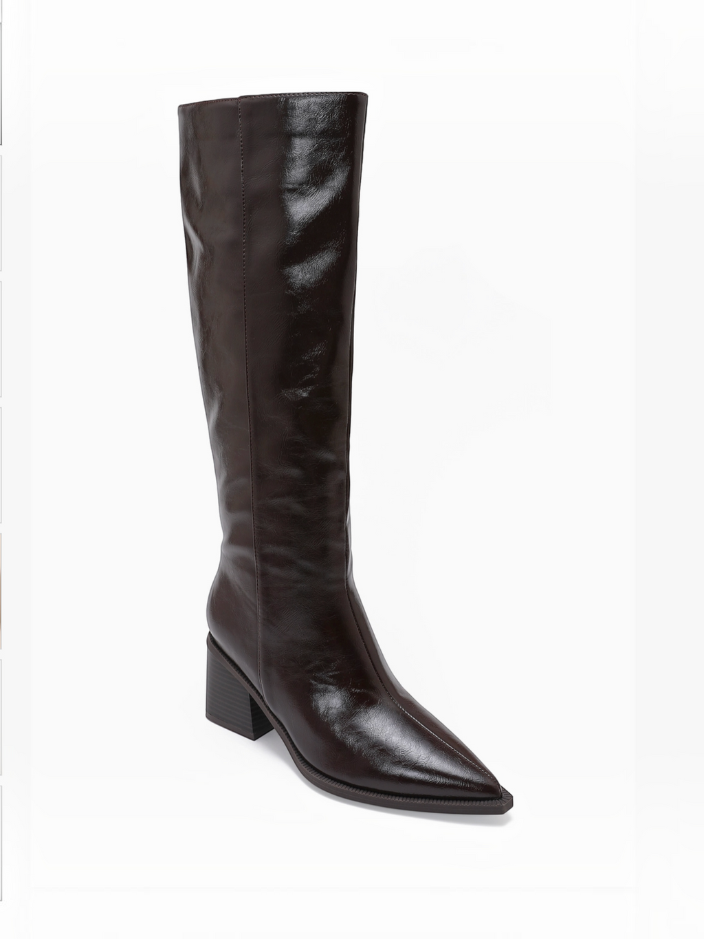 BROCK JOIA brown knee-high boots with a pointed toe, block heel, and side zipper closure.