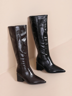 BROCK JOIA black and brown high-heeled knee-high boots with pointed toes and side zippers