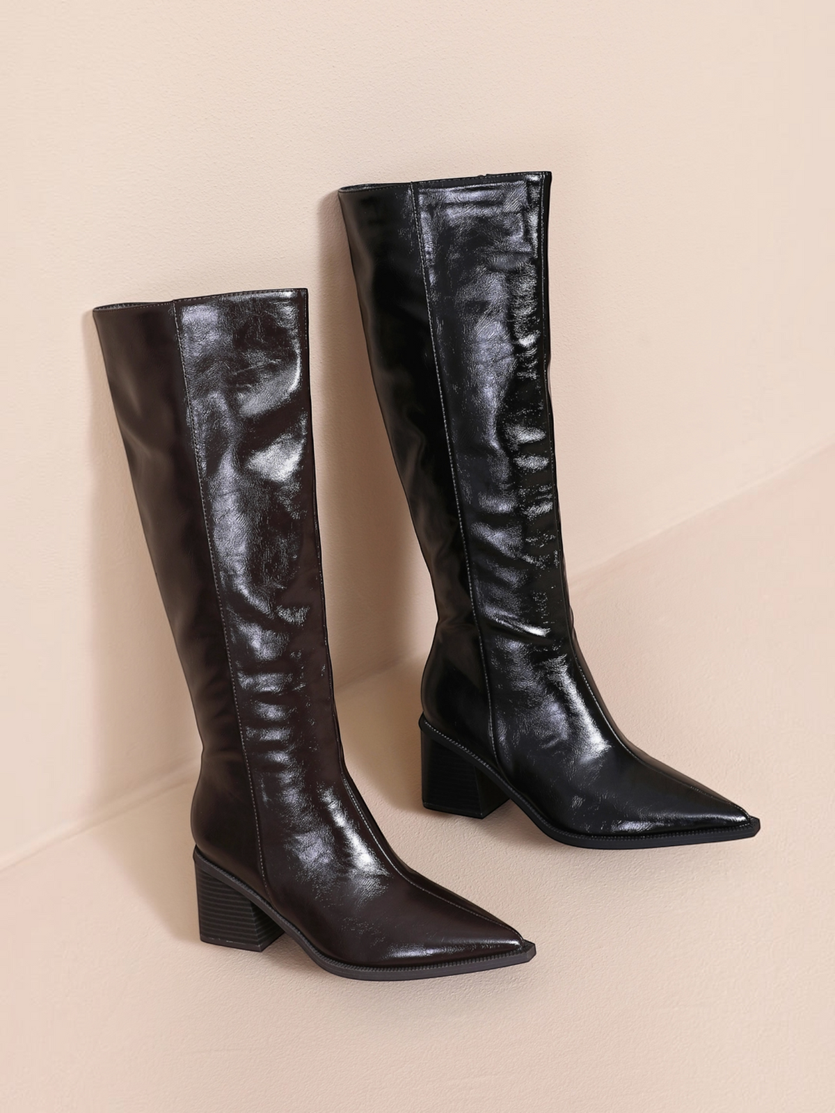 BROCK JOIA black and brown high-heeled knee-high boots with pointed toes and side zippers