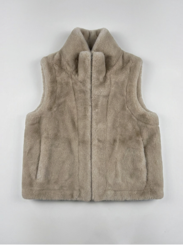 BROCK beige faux fur zip-up gilet with a high collar and straight fit, perfect for a chic and cozy layered look.