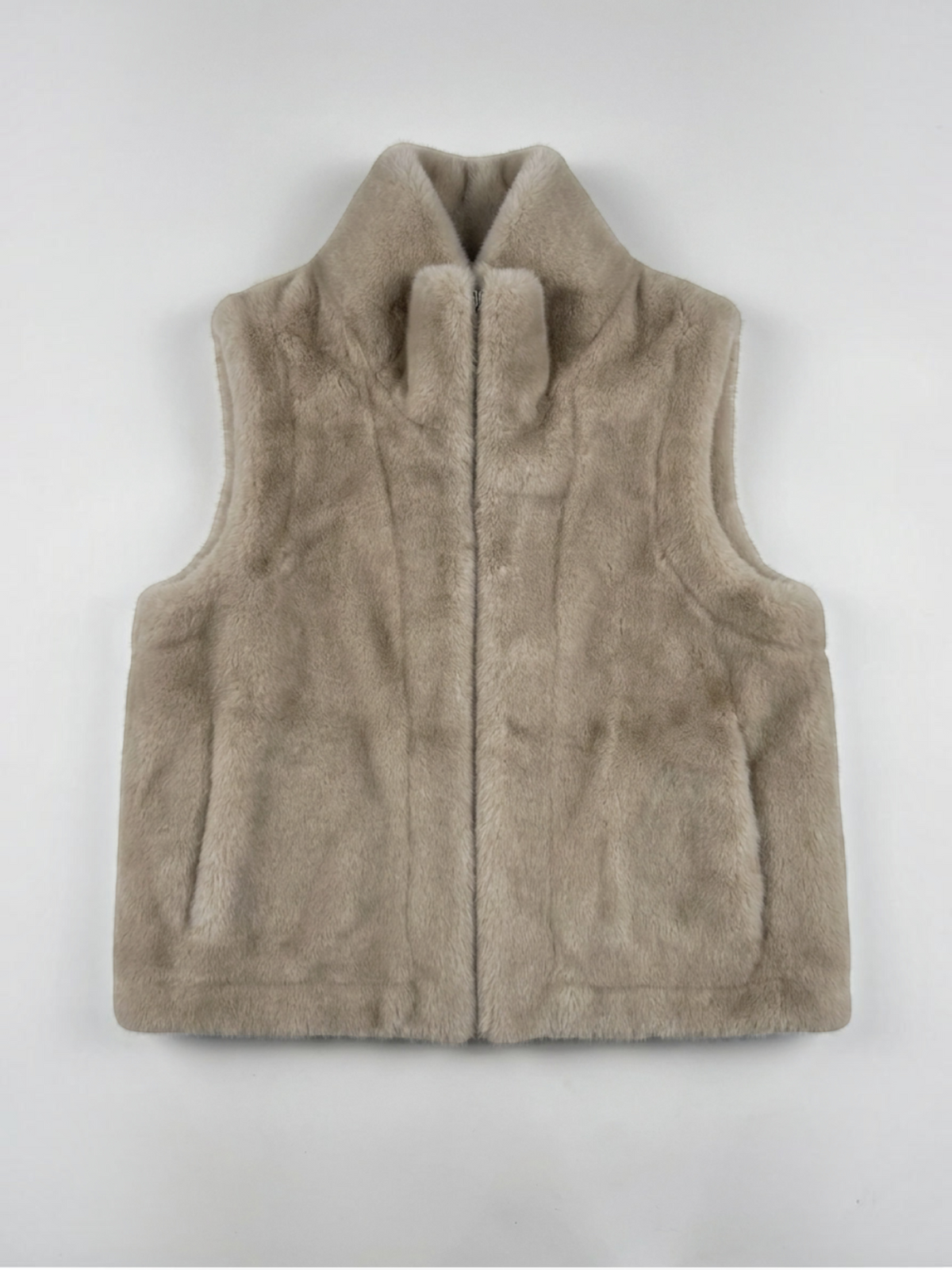 BROCK beige faux fur zip-up gilet with a high collar and straight fit, perfect for a chic and cozy layered look.