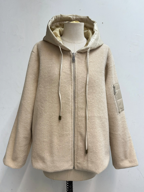 BROCK beige felted wool-blend zip-up jacket with a quilted hood, drawstring ties, and a sleeve zip pocket.