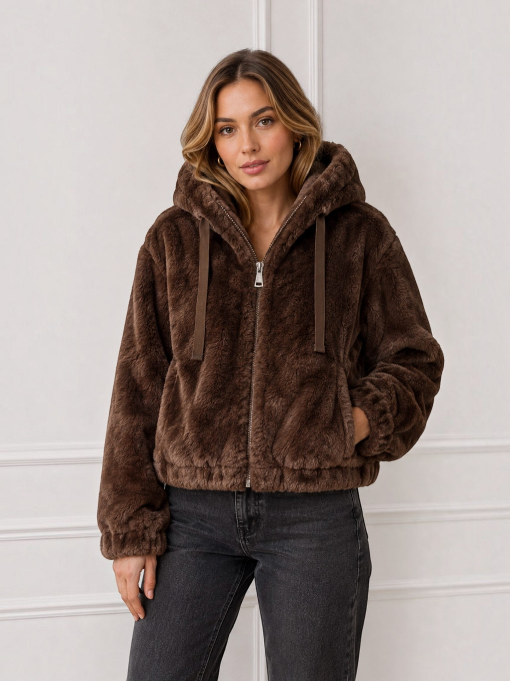 Veste courte zippée en fausse fourrure marron à capuche de la marque BROCK portée par une femme