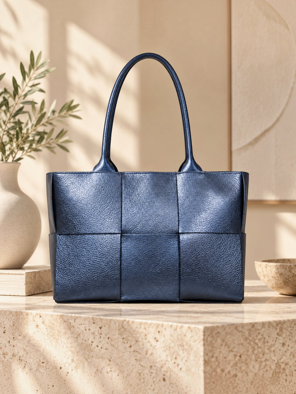 Sac cabas BROCK ZEEN Bella Classica en cuir Dollaro bleu marine avec texture tressée élégante sur socle en pierre