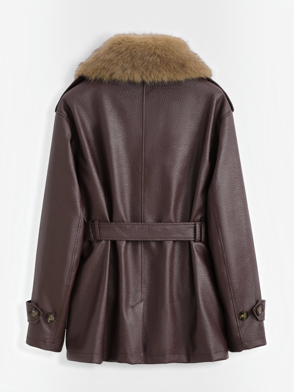 Manteau mi-long BROCK en similicuir marron avec col en fausse fourrure et ceinture à nouer, vue arrière.