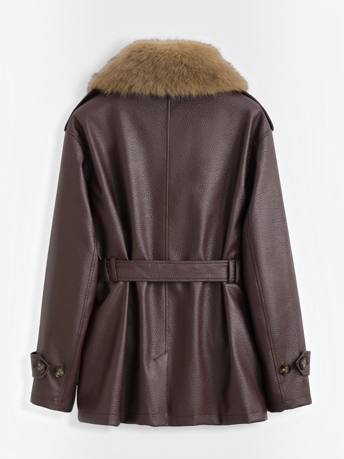 Manteau mi-long BROCK en similicuir marron avec col en fausse fourrure et ceinture à nouer, vue arrière.