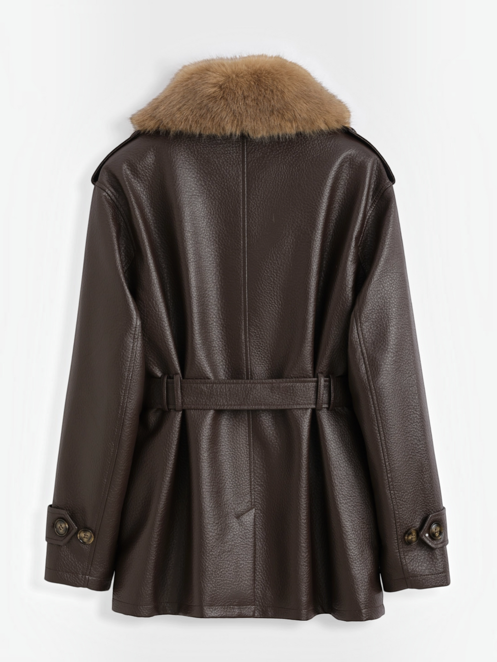 Manteau mi-long BROCK en similicuir marron avec col en fausse fourrure et ceinture à nouer, vue arrière