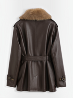 Manteau mi-long BROCK en similicuir marron avec col en fausse fourrure et ceinture à nouer, vue arrière