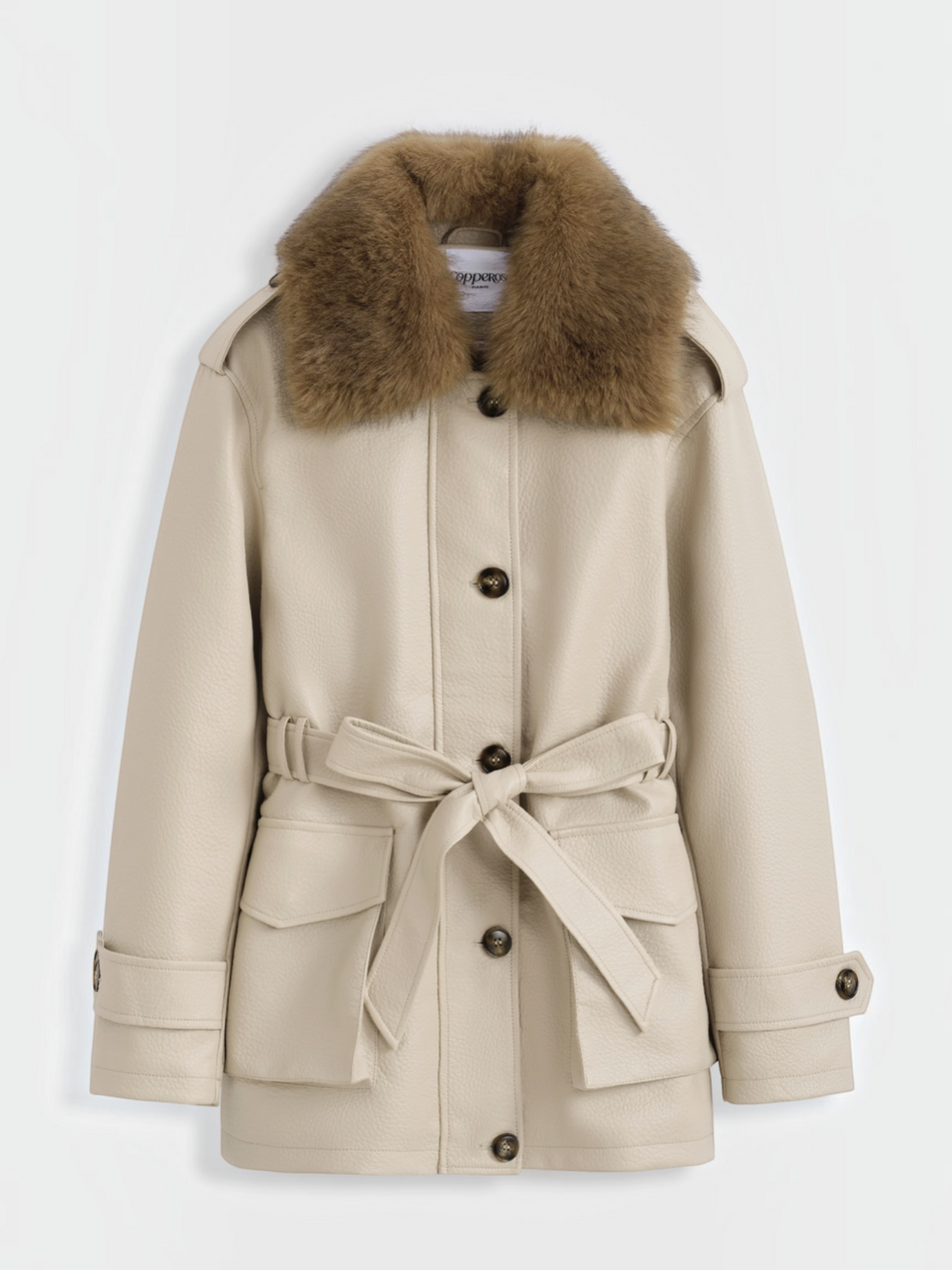 Manteau mi-long BROCK en similicuir beige avec col en fausse fourrure marron et ceinture à nouer