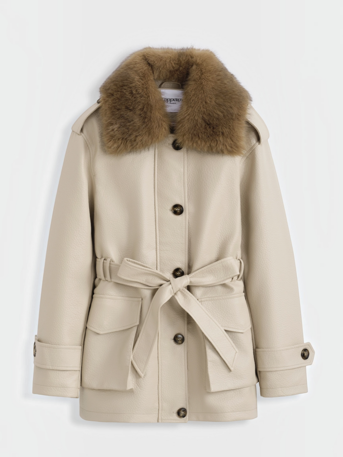 Manteau mi-long BROCK en similicuir beige avec col en fausse fourrure marron et ceinture à nouer