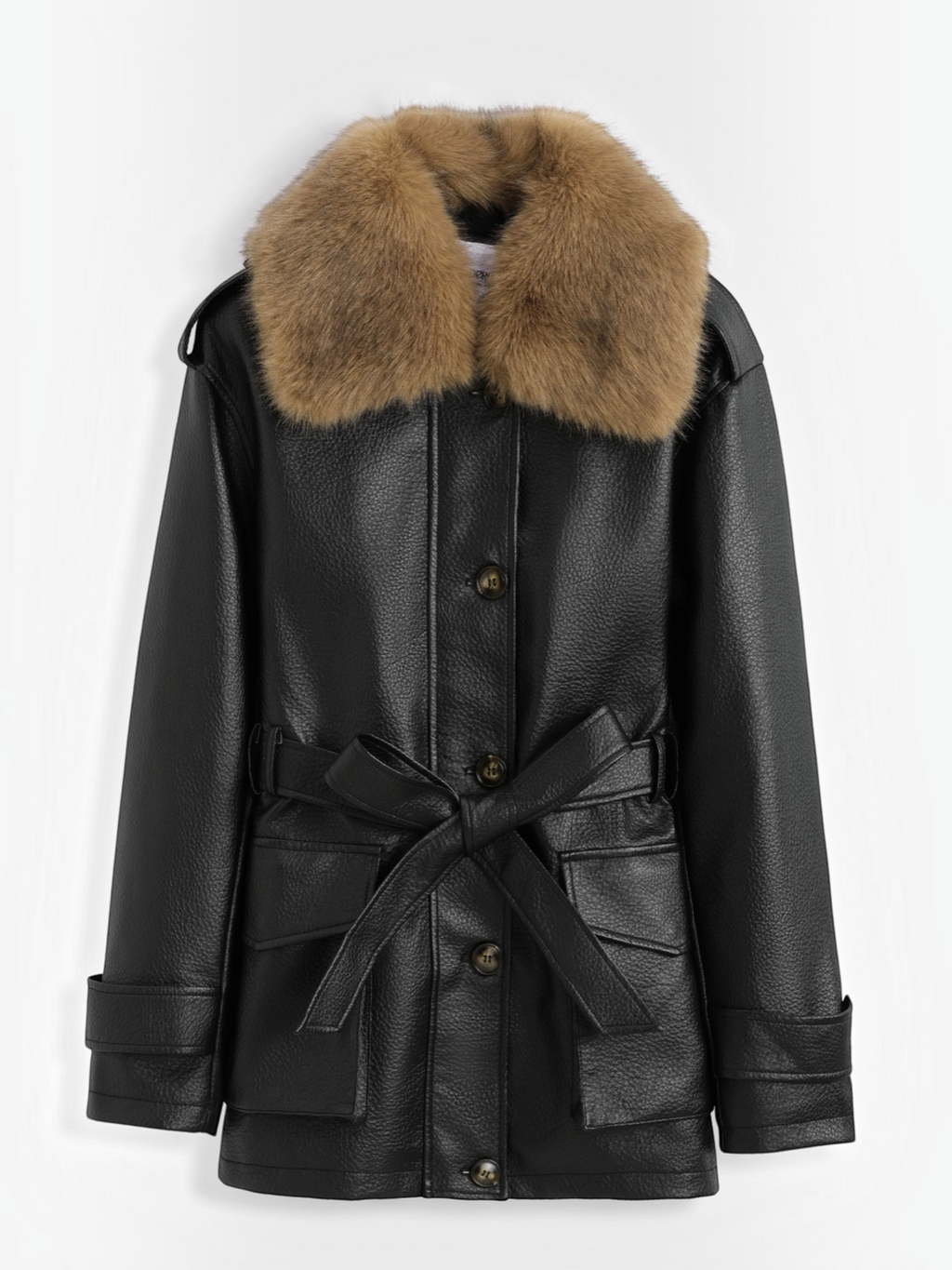 Manteau mi-long BROCK en similicuir noir avec col en fausse fourrure marron et ceinture à nouer