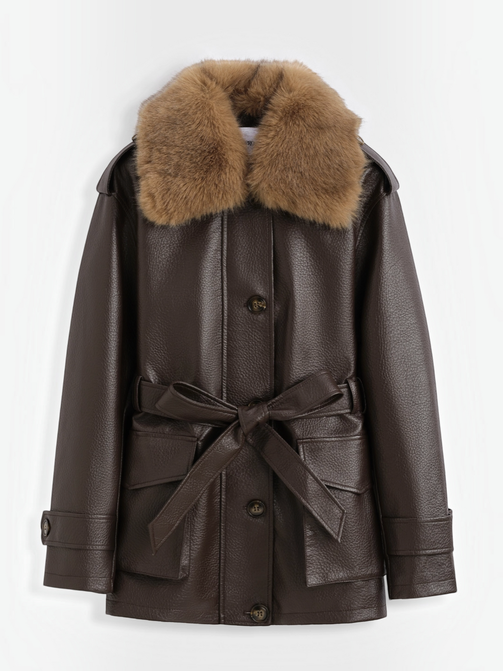 Manteau mi-long BROCK en similicuir marron avec col en fausse fourrure et ceinture à nouer