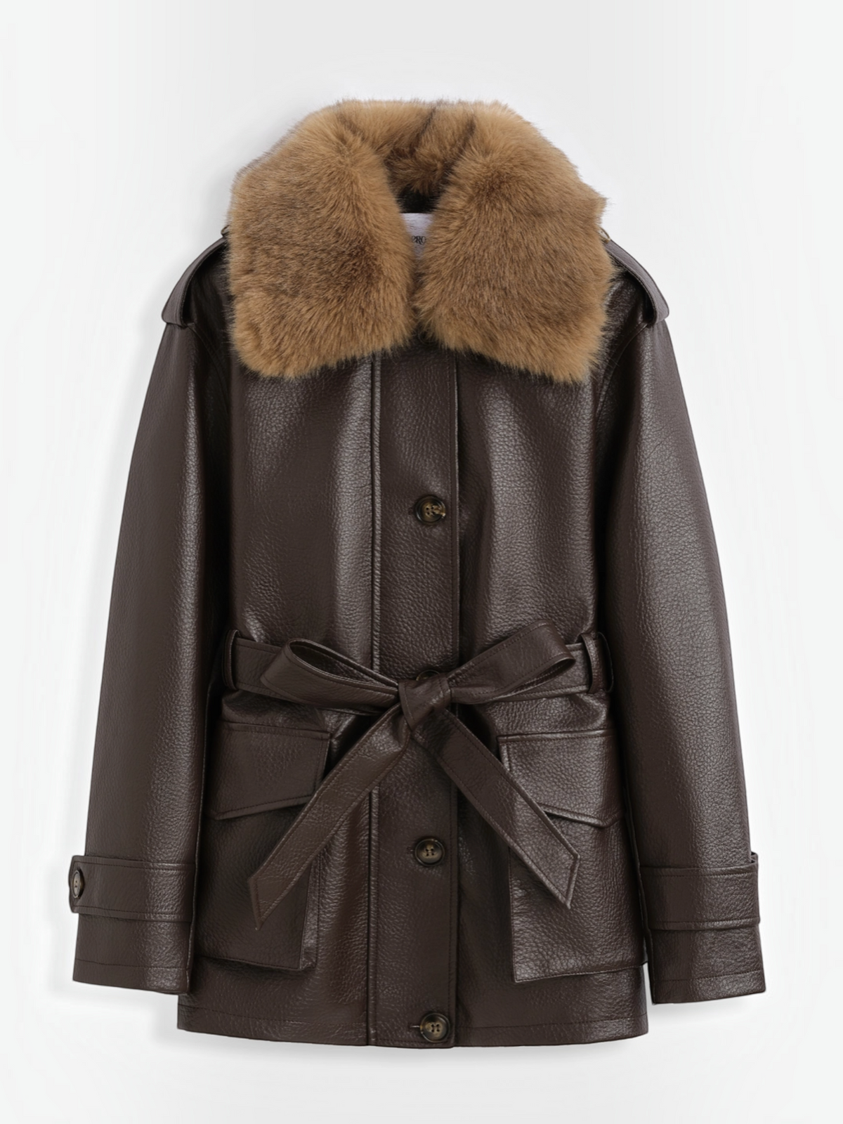 Manteau mi-long BROCK en similicuir marron avec col en fausse fourrure et ceinture à nouer