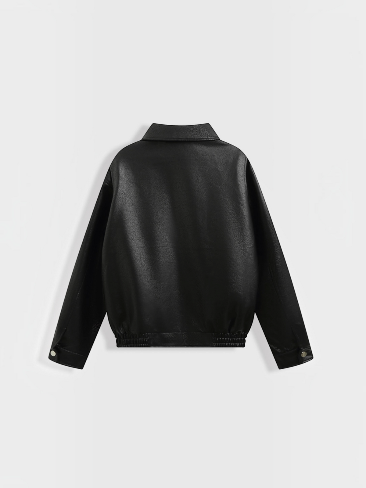 Vue arrière de la veste bomber en similicuir noir BROCK avec col rabattu et ourlet élastiqué