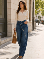 Femme portant un jean large BROCK JOY'S FARFALLA en denim bleu avec une fermeture boutonnée asymétrique originale